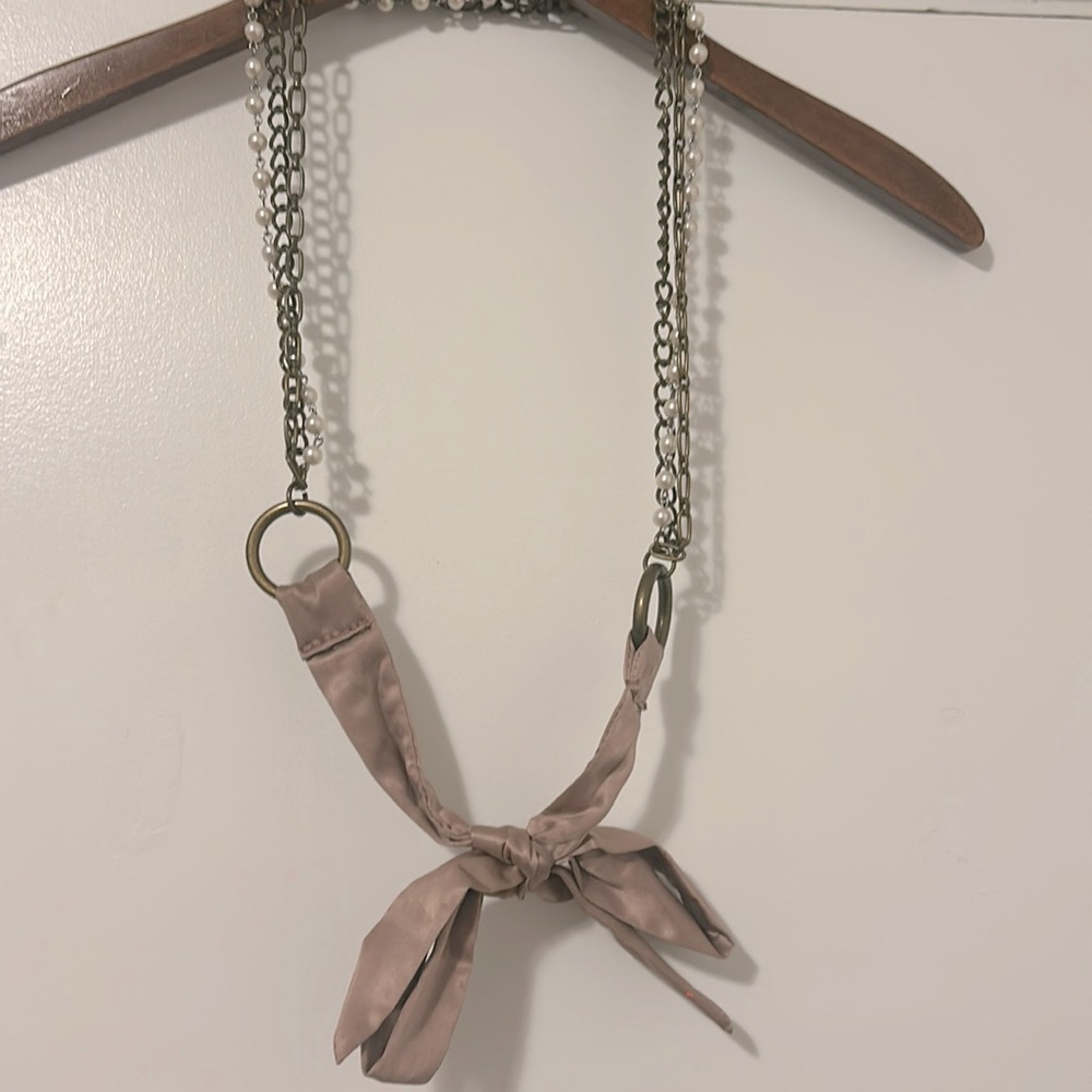 Never worn statement necklace/scarf with dusty rose satin-like bow - versatile.